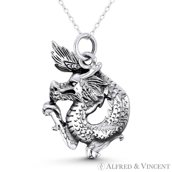 Chinese Dragon Shenlong Feng Shui Pendant in Oxidized .925 Sterling Silver - Picture 1 of 1